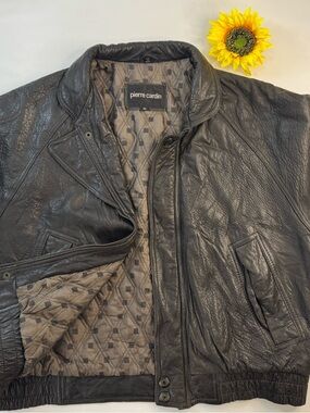 Pierre Cardin Dark Brown Leather Bomber Vintage Jacket with Quilted Lining